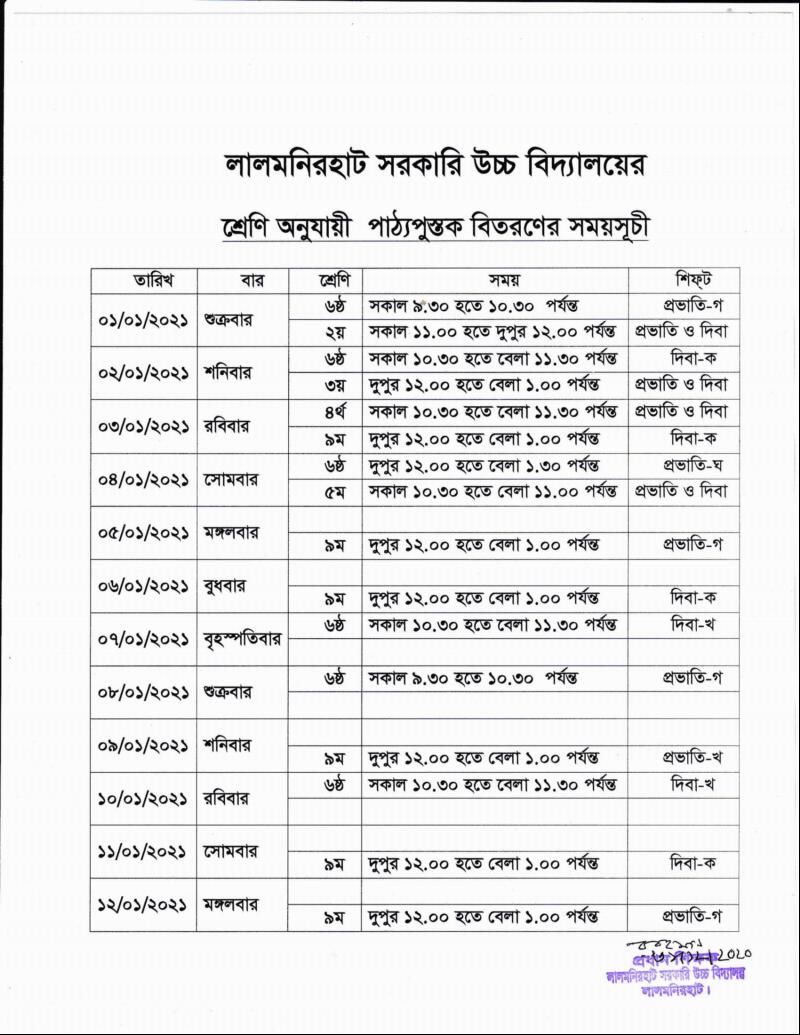 বই বিতরনের সময়সূচী ২০২১